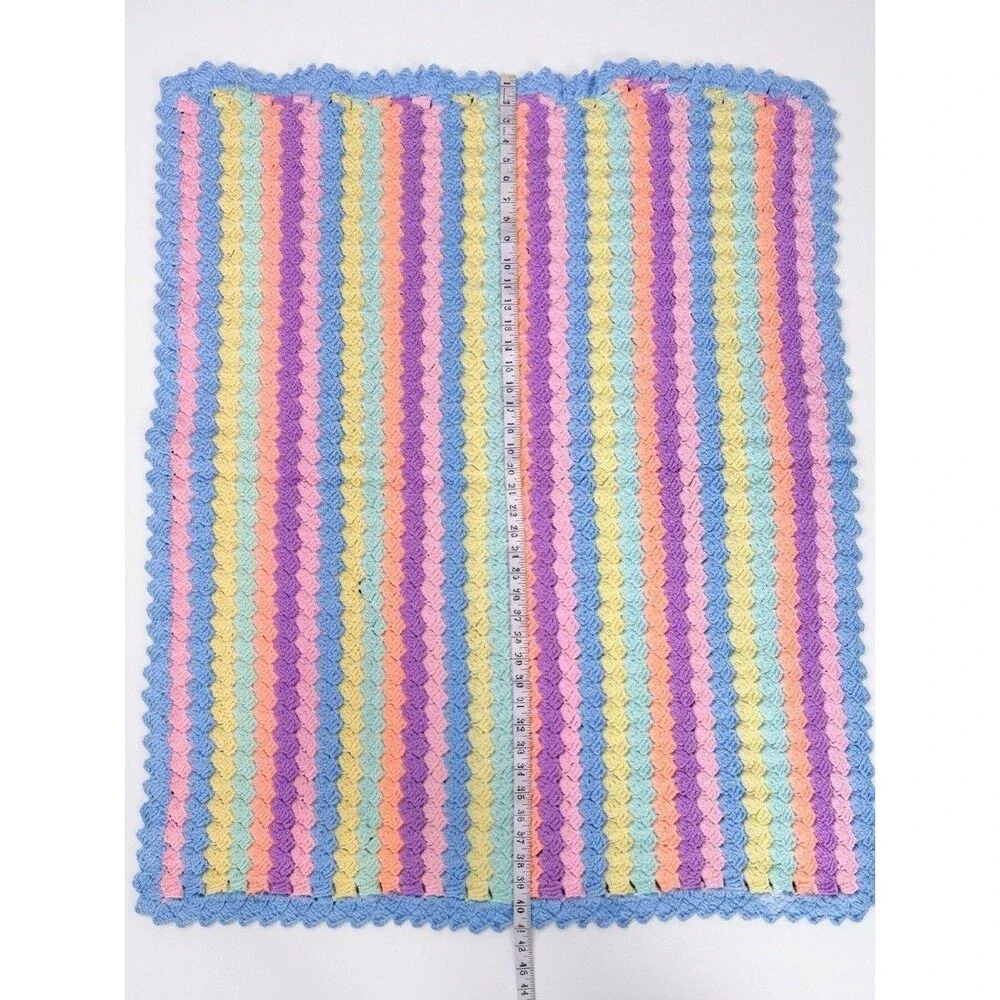 VTG1970s Hand Crocheted Pastel Stripe Baby Blanket Afghan Shell Stitch 34x41